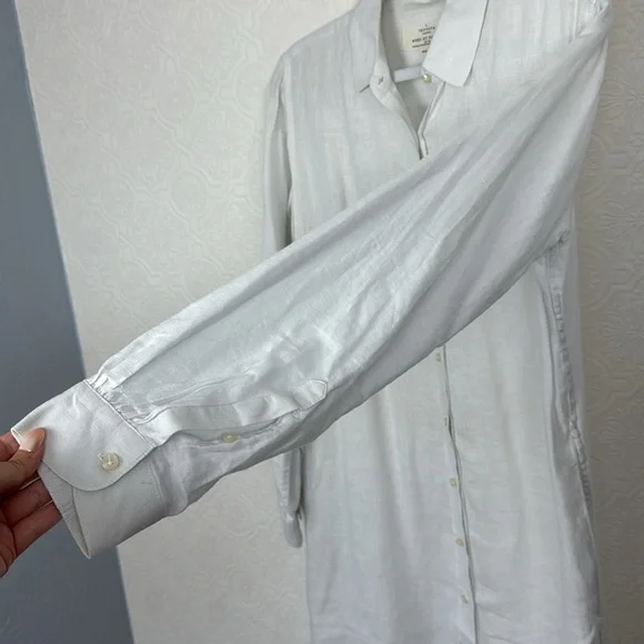 Trovata Birds of Paradis 100% Linen Tunic Dress Button Up Pockets White Shirt - Picture 8 of 11
